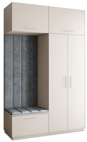 Masseno Flugarderoben Set Rema, Kleiderschrank-Set mit Sitzbank, Garderobenschrank Flur mit 5 Regalböden, Kaschmir