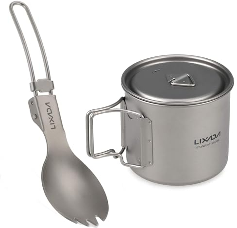 Lixada 550ml Titanium Mug Portable Camping Cups Foldable Ultralight Mug with Lid Picnic Titanium Cup with Folding Spork for Outdoor Camping Picnics