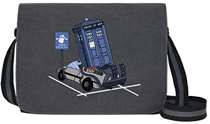 Zeitreisemaschine Parking Only - Umhängetasche Messenger Bag für Geeks und Nerds mit 5 Fächern - 15.6 Zoll, Schwarz Anthrazit