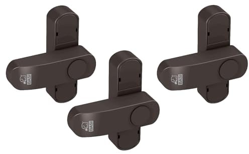 BASI | Fenstersicherung 3er Set | Weiß Braun | Zusatzsicherung für einflügelige Fenster Fenstertüren | verriegelbar mit Druckknopf | Schwenkriegel | Einbruchschutz | Farbe Braun | 3 Stück