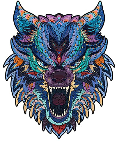 AthlChamp Holzpuzzle für Erwachsene und Kinder, magische Holzpuzzle in Tierform, einzigartig geformte Puzzleteile, 24 x 30 cm, 200 Teile, Bösartiger Wolf, Medium