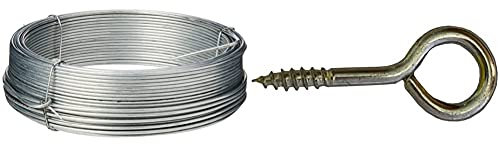 Merriway® BH00326 Galvanised Coated Garden Wire, 1.6mm x 30 Metres (97.5ft) 14 Gauge 1/16 inch Thickness & BH00319 Screw-in Vine Eye, 50 mm (2 inch) - Zinc Plated, Pack of 12
