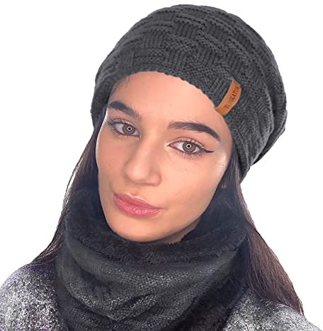 TOSKATOK® Damen Herren Unisex Warm Winter Strukturierte Strickmütze und Halswärmer-Schal mit kuscheligem Kunstfell-Teddyfleece-Futter-GRAU Set