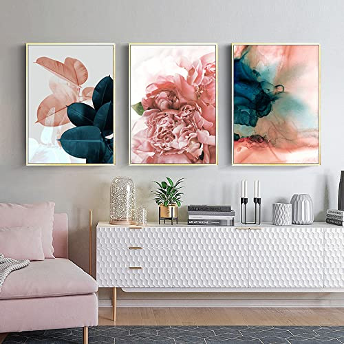 Rose Vert Fleur Feuille Nordique Affiche Art Toile tableau Peinture Abstraite Affiches Et Gravures Murale Tableaux Oeuvre Art Mural Pour Salon Decoration Sans Cadre 60×80cm×3 Pcs