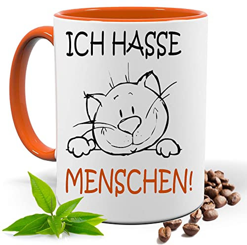 Lustige Tasse mit Spruch |ICH HASSE MENSCHEN | Katze| Kakao- Kaffee- Tee- Fototasse| Geschenke für männer frauen | Keramik Tasse |Spülmaschinenfest (Orange)