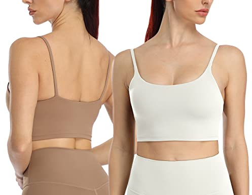 icyzone Damen Sport-BH Camisole Stretch Fitness Crop Top mit BH Gepolstert Yoga Bra, 2er Set (S, Cream White/Cacao)