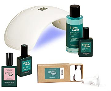 MANUCURIST • Green Flash Premium LED Gel Nail Polish Kit • 36W LED Nail Lamp • Vegan • Base Coat + Top Coat + Hortencia Polish + Gel Polish Remover + Nail Clips
