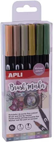APLI 19153 - Pack de 12 rotuladores acuarelables en colores Vintage - Brush markers de doble punta (redonda de 1 mm y pincel de 1-4 mm)