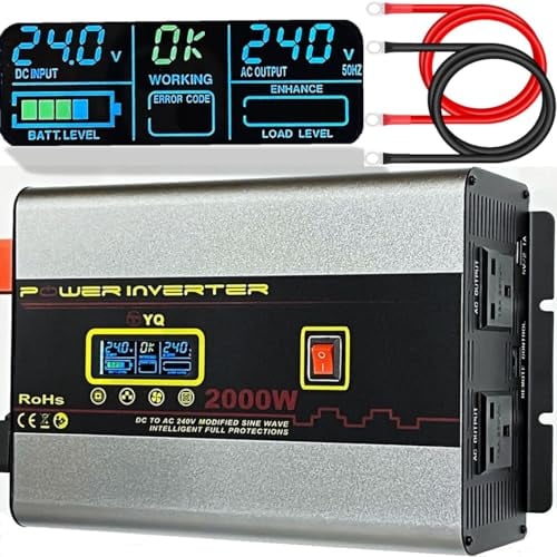 YQ Power Inverter 4000W Peak 2000W 24V/12V to 240V Truck Lorry Microwave Converter USB LCD