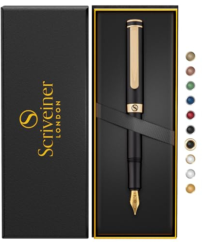 Scriveiner Luxury EDC Fountain Pen (Fine), Stunning Black Pocket Pen, Real Gold Plating, Schmidt Gilded Nib, Converter, Best Writing Pen Gift Set for Men & Women, Nice Fancy Office Designer Pen