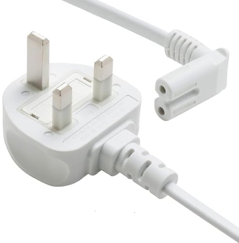 TRD Figure 8 Power Lead 1M - White Angled figure 8 IEC C7 UK Plug TV Power Cable Compatible with PS5, Xbox Series X, Samsung, Sony,LG, Panasonic TV