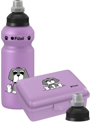 Fizzii Set Trinkflasche 500ml + Lunchbox inkl. Obst-/ Gemüsefach (schadstofffrei, spülmaschinenfest, Motiv: Hund flieder)