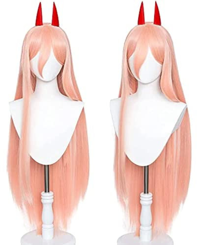 Anime Power Cosplay Wig for Chainsaw Man, Women Pink Long Straight Wig with Two Horns, for Halloween Costume Party + Wig Cap