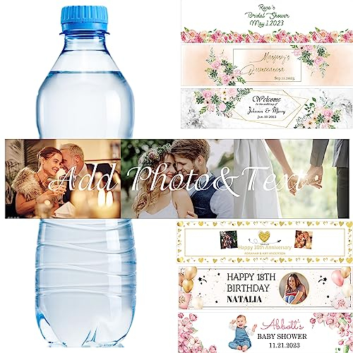 Personalised Water Bottle Labels with Text Picture Custom Photo Bottle Stickers Waterproof Bottle Label for Weddings Baby Shower Graduation Birthdays Anniversary