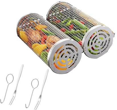 SANON 2PCS Rolling BBQ Grilling Basket, Stainless Steel BBQ Grill Basket, Barbecue Accessories, 360 Degree Rotation BBQ Vegetable Grill Basket, BBQ Grill Tube Basket for Vegetable Fish Meat