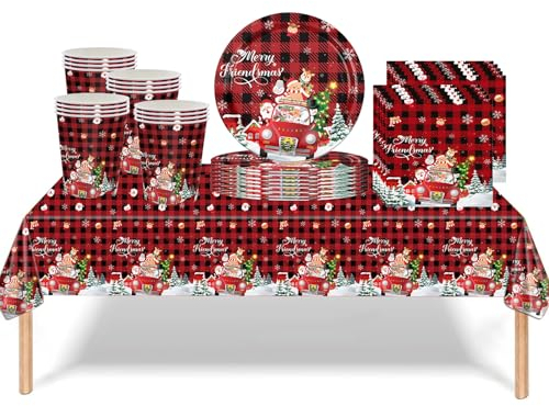 53pcs Christmas Party Tableware Decorations Set,The Red Checkered Pattern Xmas Disposable Dinnerware Set with Plastic Tablecloth,Paper 7inch Plates Napkins Cups for Christmas Party Table Decorations