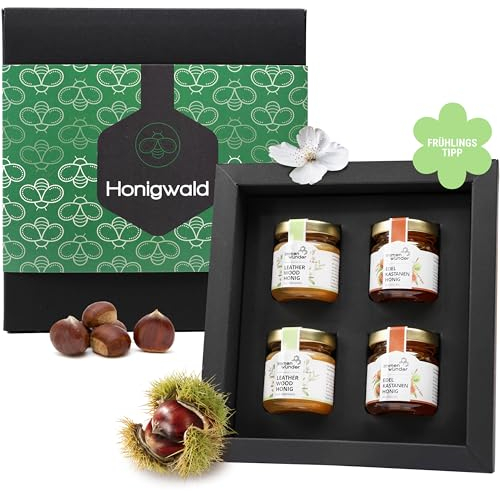 Immenwunder Honig Geschenk Set Honigwald, 4x50g Honige Leatherwood & Edelkastanie in hochwertiger Geschenk-Verpackung, ideales Präsent