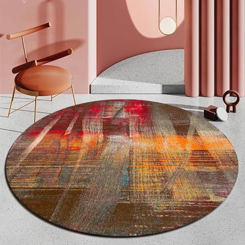 Rug-QJDDUP Rund Teppich Kurzflor,Brown,Round Diameter 180 cm, Braun-Orange-Rot-Mehrfarben-Modern-Abstrakt, Pflegeleicht Teppiche Wohnzimmer Esszimmer Schlafzimmer Spielecke der Kinder,