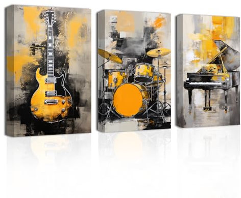 CXHOSTENT Musik Leinwand Wandbilder 3 Panel Klavier Gitarre Regal Trommel Kunstdrucke gelbe und graue Musik Poster abstrakte Musikinstrument Bilder (Music, 50.00 x 70.00 cms x 3PCS)