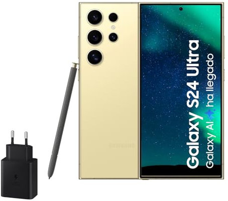 Samsung Galaxy S24 Ultra y Cargador 45W, Teléfono Móvil con IA, Smartphone Android, 12 GB RAM, 256 GB Almacenamiento, Cámara 200MP, S Pen, Batería Larga Duración, Amarillo Titanium (Versión Española)