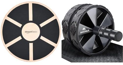 Amazon Basics Wood Wobble Balance Board, Black & Amonax Convertible Ab Wheel Roller