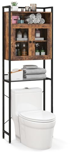 COSTWAY Over-The-Toilet Cabinet, Freestanding Bathroom Space Saver with Adjustable Shelf and Mesh Door, Metal Frame Wooden Over Toilet Storage Unit Above Washing Machine Rack Organizer, Rustic Brown