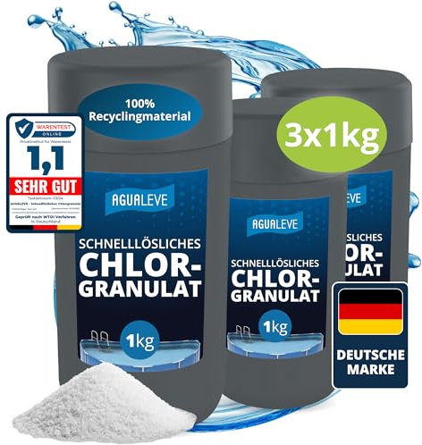 AGUALEVE® Chlorgranulat schnelllöslich 3X 1kg *NEU* | Sichere und schnelle Desinfektion | Für Pools, Aufstellpools, Whirlpools, Planschbecken | Deutsche Markenqualität | mit Note 1,1 getestet