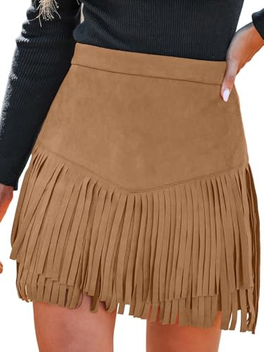 CUPSHE Damen Rock Herbst Winter Fransen Wildleder Rock, High Waist Western Outfit Minirock Mini Skirt, Beige, M