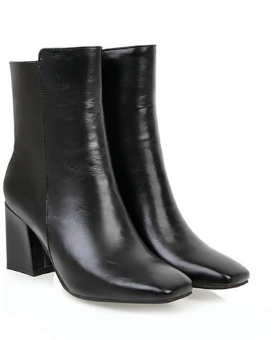 FQMAYPO Stivaletti Caldi da Donna Stivaletto con Tacco Basso A Blocco Grosso con Cerniera Stivaletto Chelsea A Punta Quadrata Autunno Inverno Stivali in Pelle di Vitello Medio,Nero,36 EU