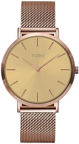 TORII Damenuhr Gold Edelstahl - rund Quarz R38RM.GR Milanaise-Armband Strichindizes wasserdicht 50 m