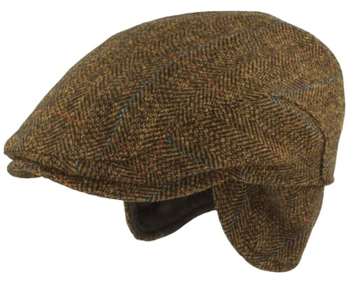 Breiter Herren Winter Schiebermütze mit Ohrenklappen Flatcap Schirmmütze 100% Wolle mit ausklappbarem Ohrenschutz Mütze Hautfreundlich & Bequem