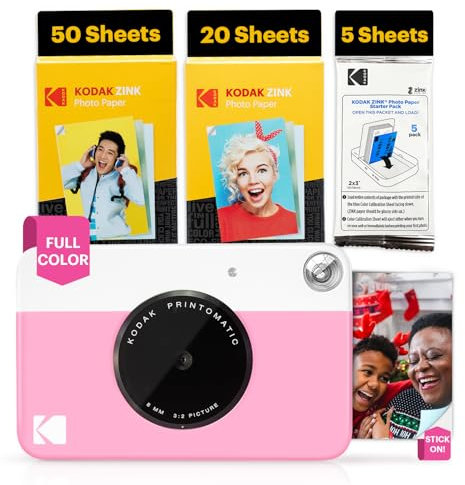 KODAK Printomatic Fotocamera - 75 Fogli - Stampa Zink 2x3” - 5MP, Portatile - Rosa, Fotocamera + 75 fogli