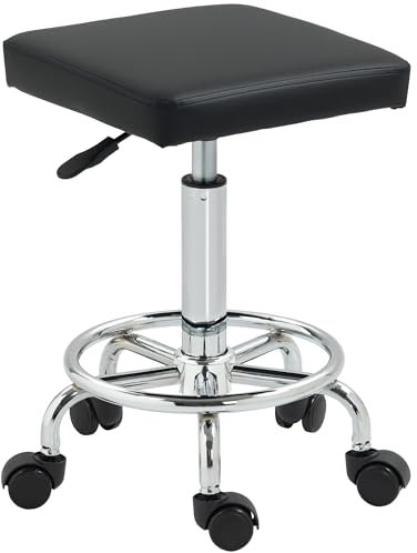 HOMCOM Tabouret Roulant carré, Chaise de Salon en Cuir PU à Hauteur réglable avec siège et Repose-Pieds rembourrés, Tabouret de beauté pivotant sur roulettes pour Spa, Salon de Tatouage, Travail de