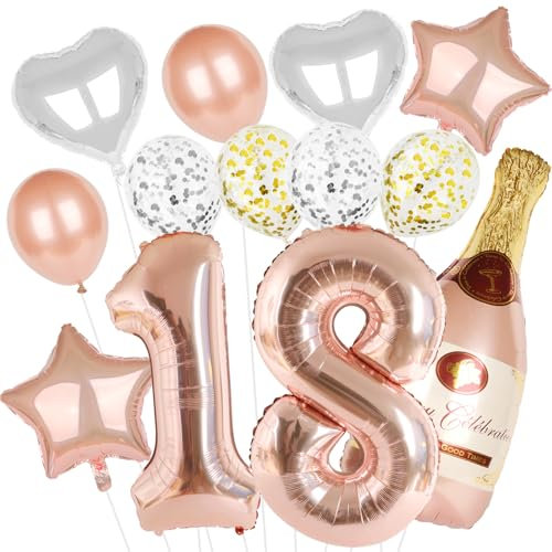 Deko 18° Compleanno Ragazza, Set 15 Pezzi Palloncini Compleanno 18 Anni Rosa Oro, Palloncini Numeri, Palloncini in Alluminio Helium, Confetti Palloncini Compleanno Festa Ragazza (18 Anni)