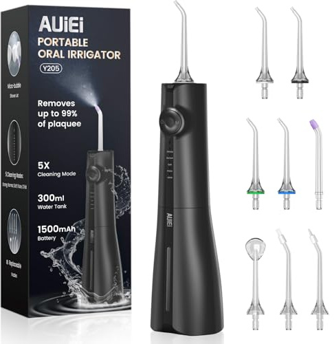 AUIEI Water Flosser Pick für Zähne und Zahnspangen, 300ml Wireless Power Dental Flosser mit 8 Strahlspitzen, Munddusche 5 Verwendungsmodi, IPX7 Wasserdicht, Tragbar für Zuhause und Reisen