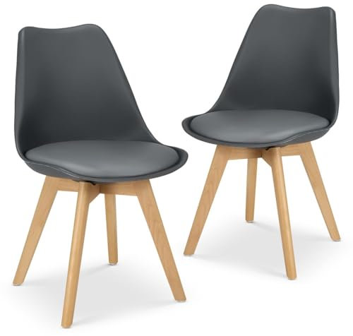 Bravich Set Of 2 Rocco Dining Chairs- Grey. Faux Leather Upholstered Dining Chair With Natural Wooden Legs, Cushion Pad Seat & Back Support For Kitchen Table- 42 x 42 x 81cm.