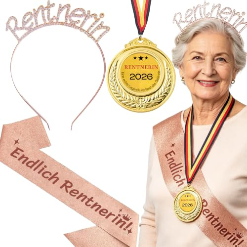 3Pcs Ruhestand Geschenk Frau Rentnerin Schärpe Haarreif Medaille Rente | Renteneintritt Geschenk Frau Rente 2026 Deko Rentner Schärpe Lustig Kollegin Abschiedsgeschenk für Abschiedsfeier Rente Party