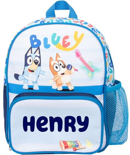 Bluey Personalised Kids Backpack, Toddlers Nursery Bag Mesh Water Bottle Pocket and Front Zipped Pockets, Personalised with any name Light Blue