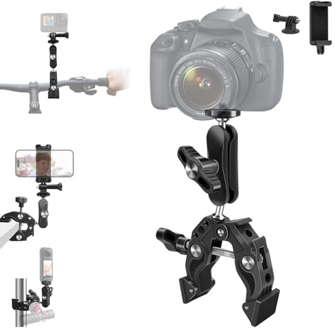 Aluminum Super Clamp Dual 360°Ballhead Arm for Phones Action Cameras | Aluminum Alloy Construction with Anti Slip Pads and Double Knobs to Deliver Stable Clamping on Various Poles