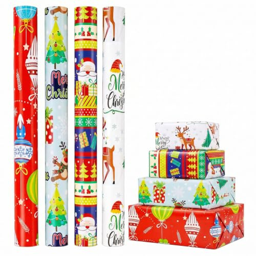Christmas Wrapping Paper Roll,4 Roll Xmas Wrapping Paper for Decoration | Christmas Wrapping Paper Roll,Cydaluya 4 Roll Xmas Wrapping Paper,4 * 3m Wrapping Paper Roll with Classic Elements Designs