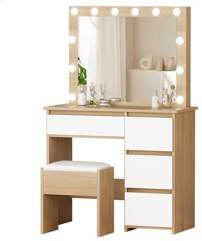 ALFORDSON Schminktisch mit Beleuchtung, 4 Schubladen, Spiegel, Weiß | Vanity 80Bx38Tx140H cm, 4 Schubladen, 12 LED Glühbirne, 3 Lichtmodi, Helligkeit Dimmbar, Tisch mit Hocker fürs Schlafzimmer