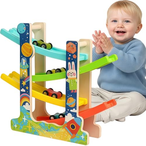 Kugelbahn Holz mit 6 Autos, Montessori Spielzeug Motorikspielzeug ab 1 Jahr | Auto Murmelbahn Holzspielzeug, Kugelbahn Holz Kinderspielzeug Geschenk für Baby Junge Mädchen ab 1 2 3 Jahre