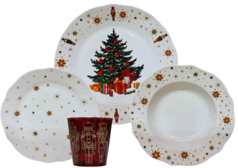 Omniacasa Service de Vaisselle de Noël en Porcelaine pour 6 Personnes avec Verres : 24 Pièces, Décorations avec Sapin de Noël Casse-Noix et Étoiles, Rouge et Blanc, Compatible Lave-Vaisselle et