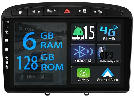 [6+128GB] Keconsing 9 Android 15 Autoradio per Peugeot 408 308 308SW 2008-2015 Radio Carplay Wireless Car Play GPS Auto Navi Screen Bluetooth Mirror Link Player Stereo Touch Screen WIFI DSP SWC
