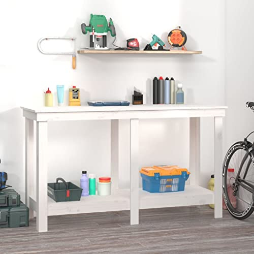 Mokuyary White Work Bench 140 x 50 x 80 cm Solid Pine Wood Workbench Workbench Garage Workbench DIY Workbench for Workshops, Shed, Home