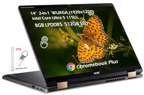 acer Chromebook 2 en 1 Plus Spin 714 WUXGA Touch Laptop de 14 pulgadas con Google AI – Intel Core Ultra 5 115U – Wi-Fi6E Bluetooth – Chrome OS – Gris acero – 8 GB LPDDR5 512 GB SSD – con unidad USB de