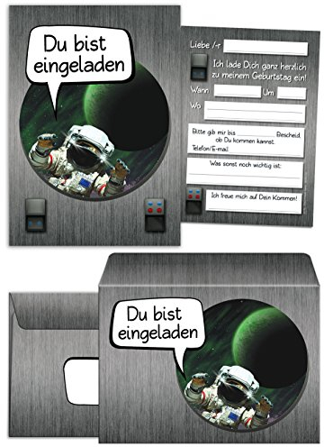 12 Einladungskarten zum Kindergeburtstag Space-Party incl. 12 Umschläge/Astronaut/Kosmonaut/Weltraum/Raumschiff/Weltall/Spaceshuttle/Einladungen zum Geburtstag für Jungen