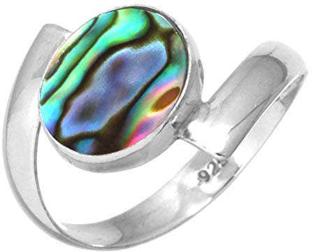 Jeweloporium Bague en argent sterling 925 avec coquillage d'ormeau multicolore, taille 54, pour femme, bijou bohème en véritable pierre ovale