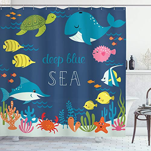 ABAKUHAUS Unterwasser Duschvorhang, Algaes Korallenriffe, Stoffliches Gewebe Badezimmerdekorationsset mit Haken, 175 x 220 cm, Dunkler Himmelsblau