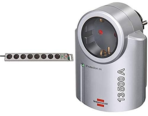 Brennenstuhl Super-Solid, Steckdosenleiste 8-fach mit Überspannungsschutz Farbe: Silber & Primera-Line, Steckdosenadapter mit Überspannungsschutz Farbe: silber/schwarz